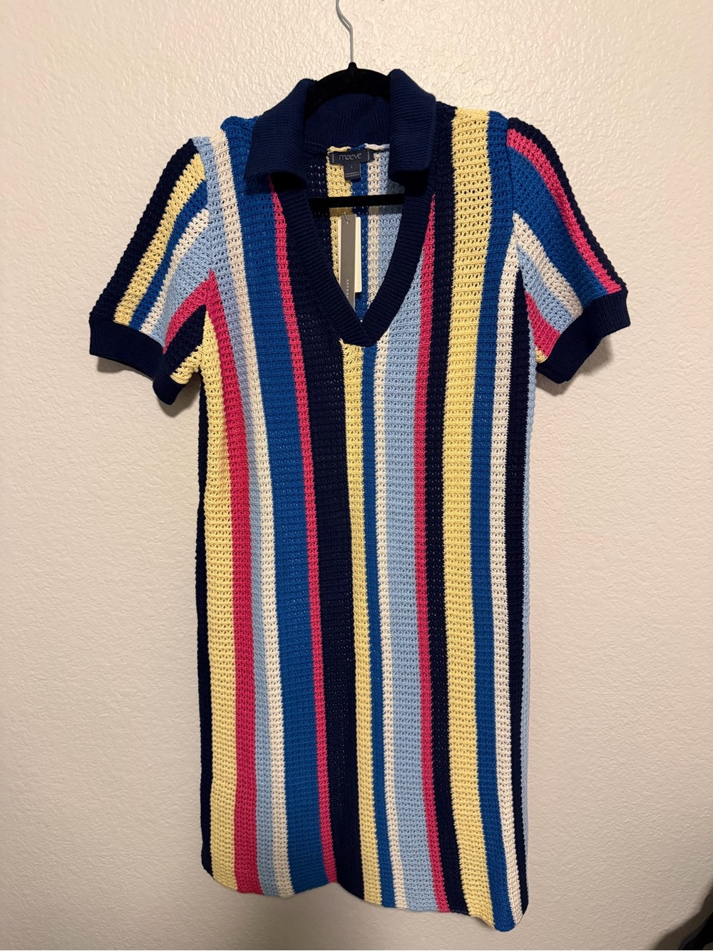Maeve by Anthropologie Striped Knit Polo Dress in Navy, Blue, Pink & Cream - L - Picture 4 of 6